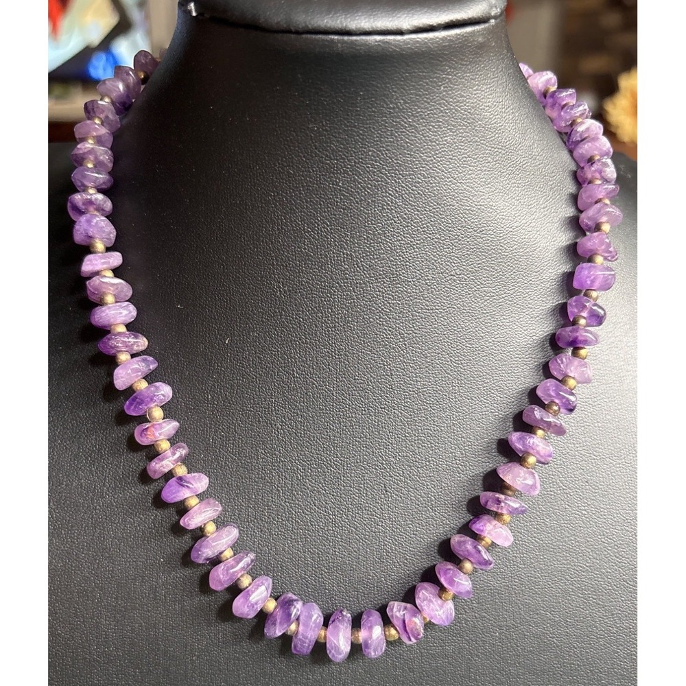 VTG Amethyst & Gold Beaded Necklace 16" Purple Gemstone barrel gold clasp